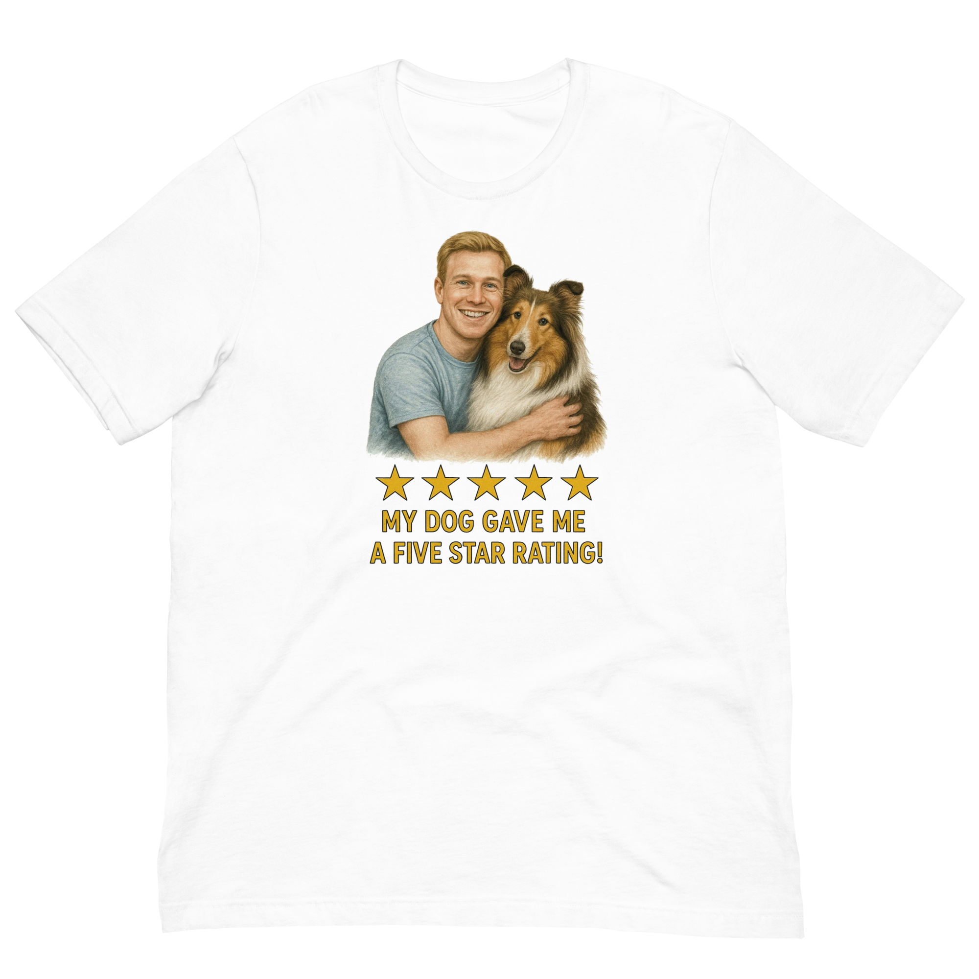 Red Hair Man with Collie graphic tee.