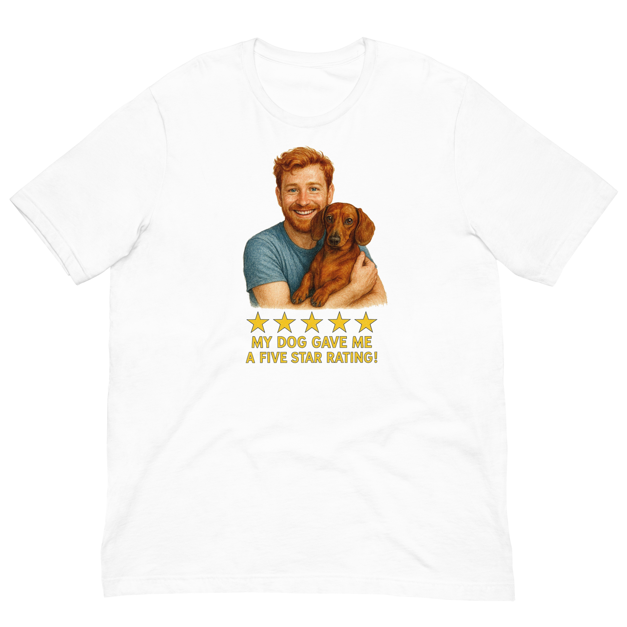 Red Hair Man with Dachshund graphic tee.