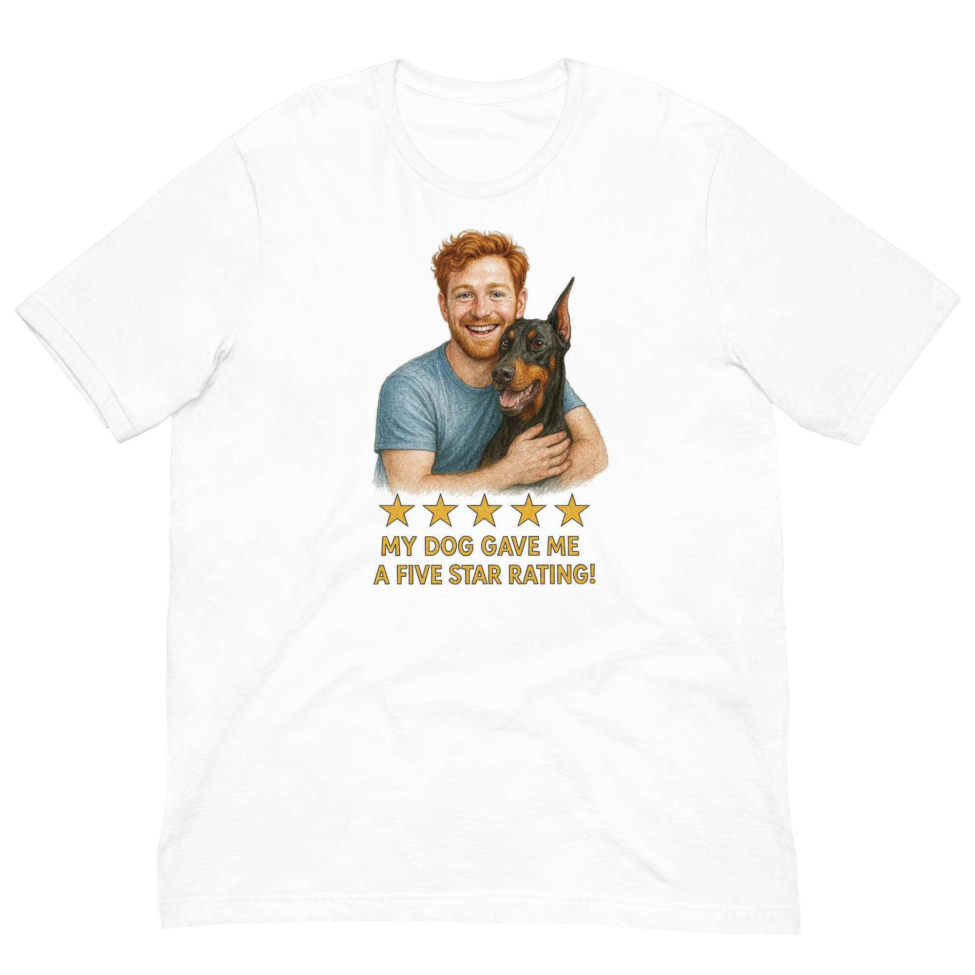 Red Hair Man with Doberman Pinscher graphic tee.