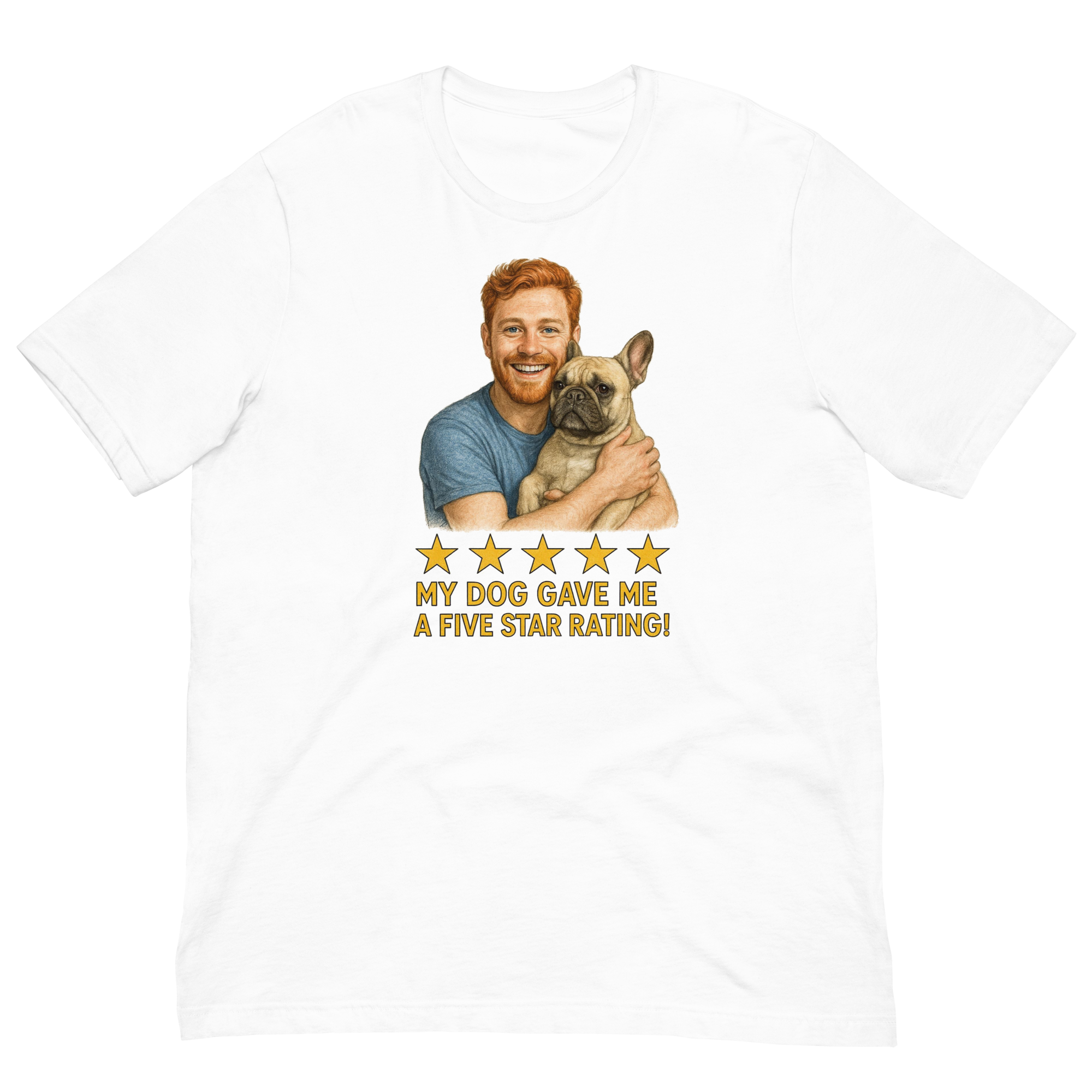 Red Hair Man with French Bulldog graphic tee.