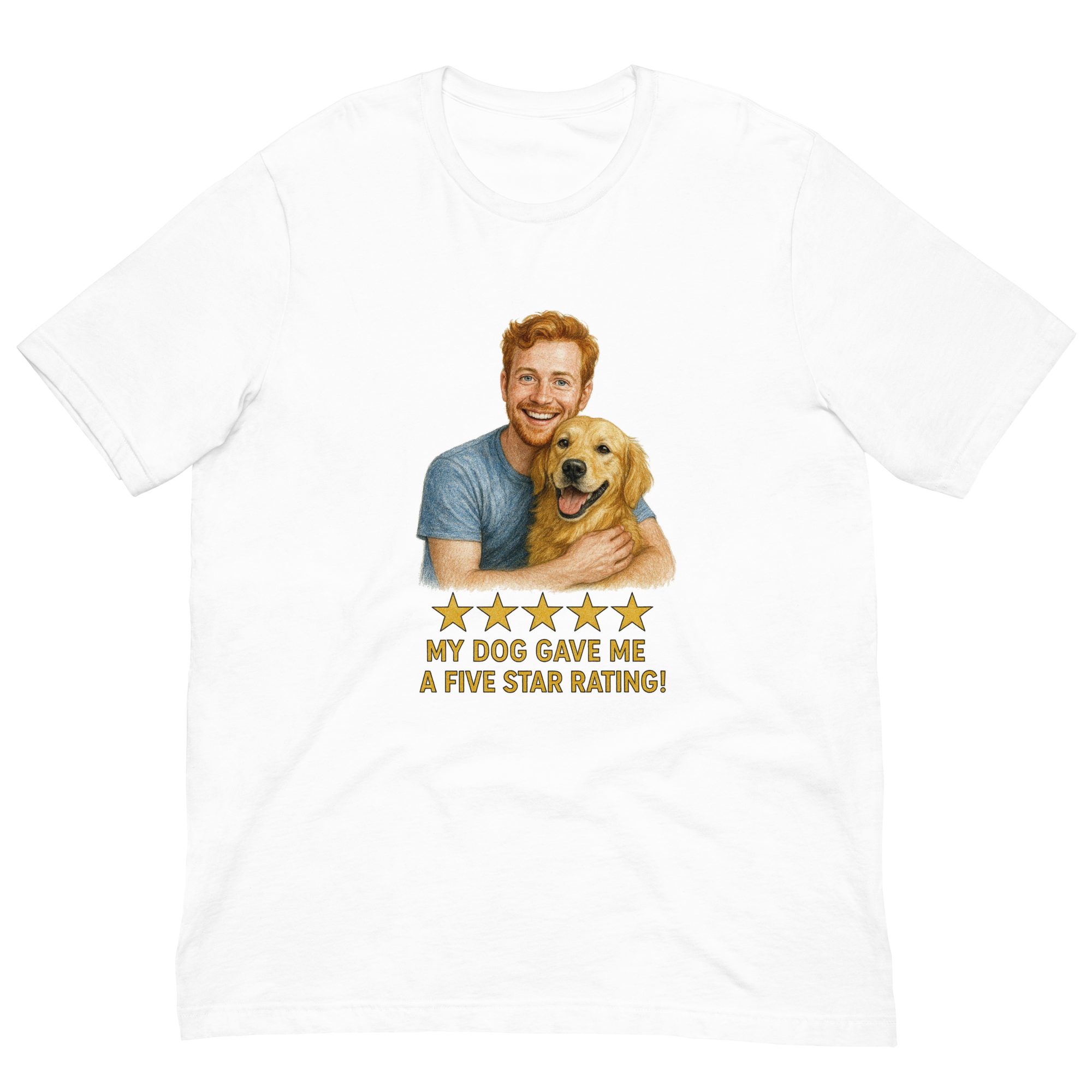 Red Hair Man with Golden Retriever graphic tee.