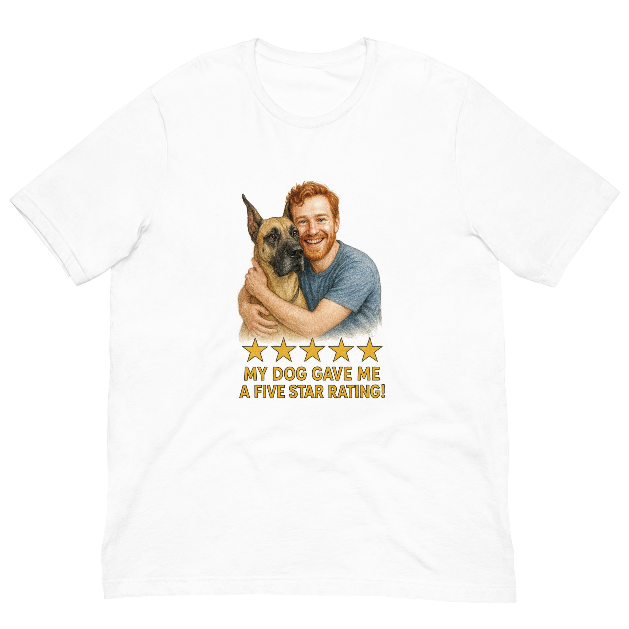 Red Hair Man with Great Dane graphic tee.