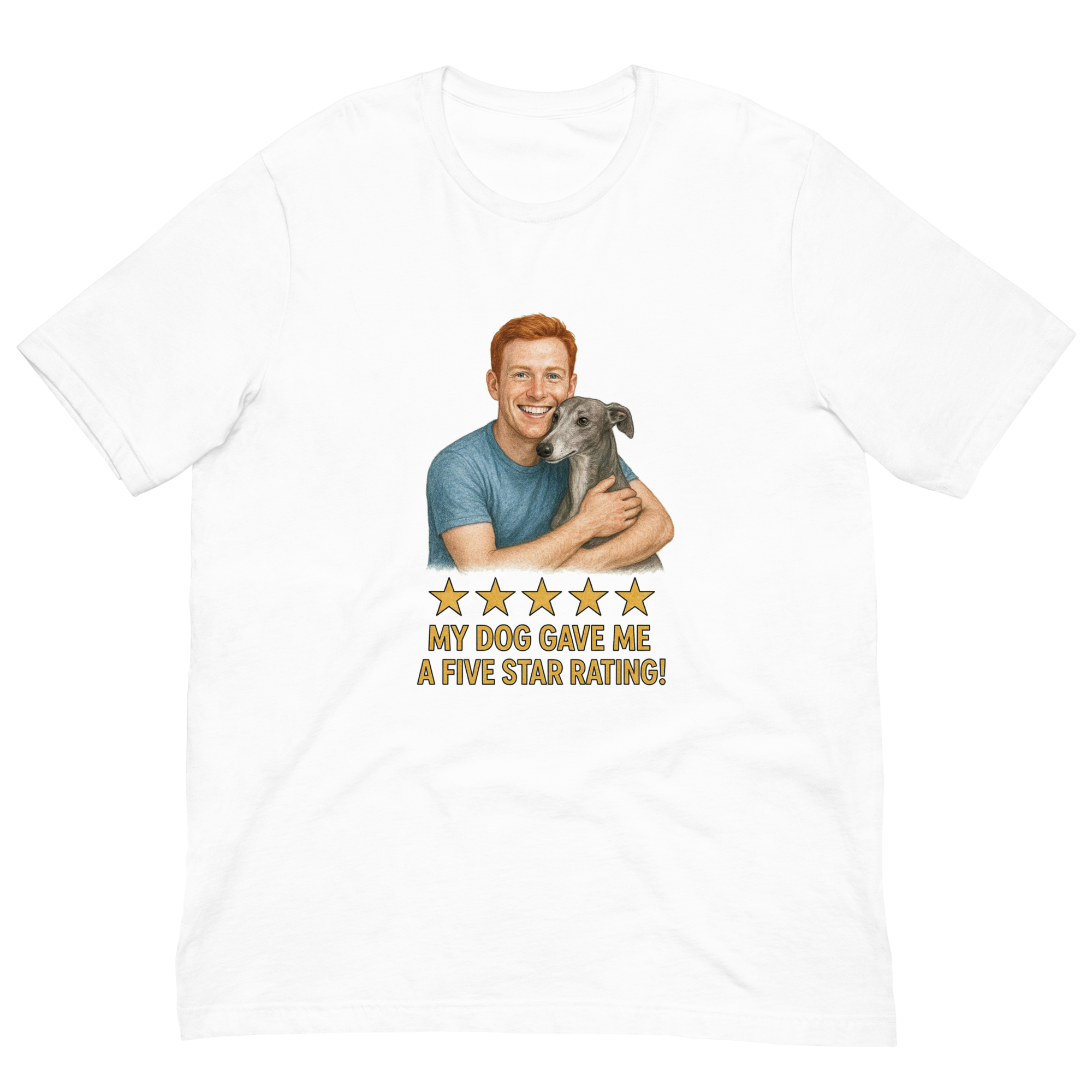 Red Hair Man with Greyhound graphic tee.