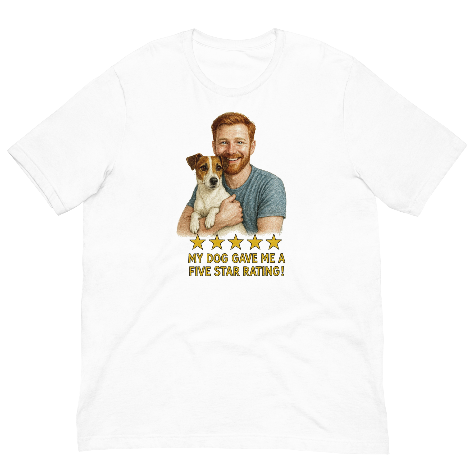 Red Hair Man with Jack Russell Terrier graphic tee.