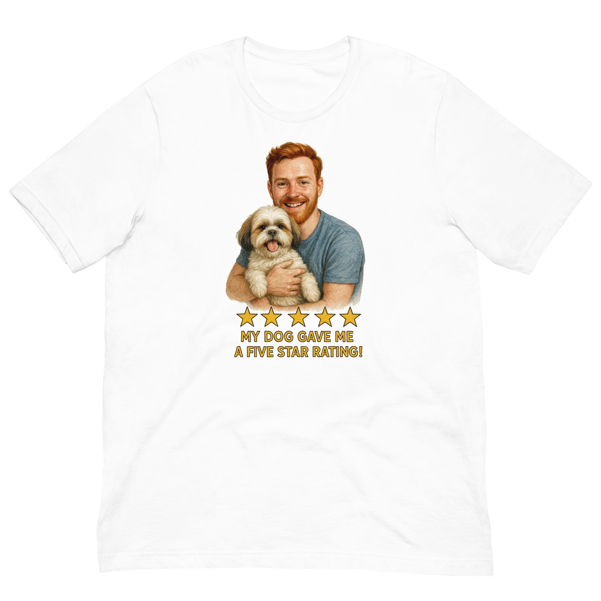 Red Hair Man with Shih Tzu graphic tee.