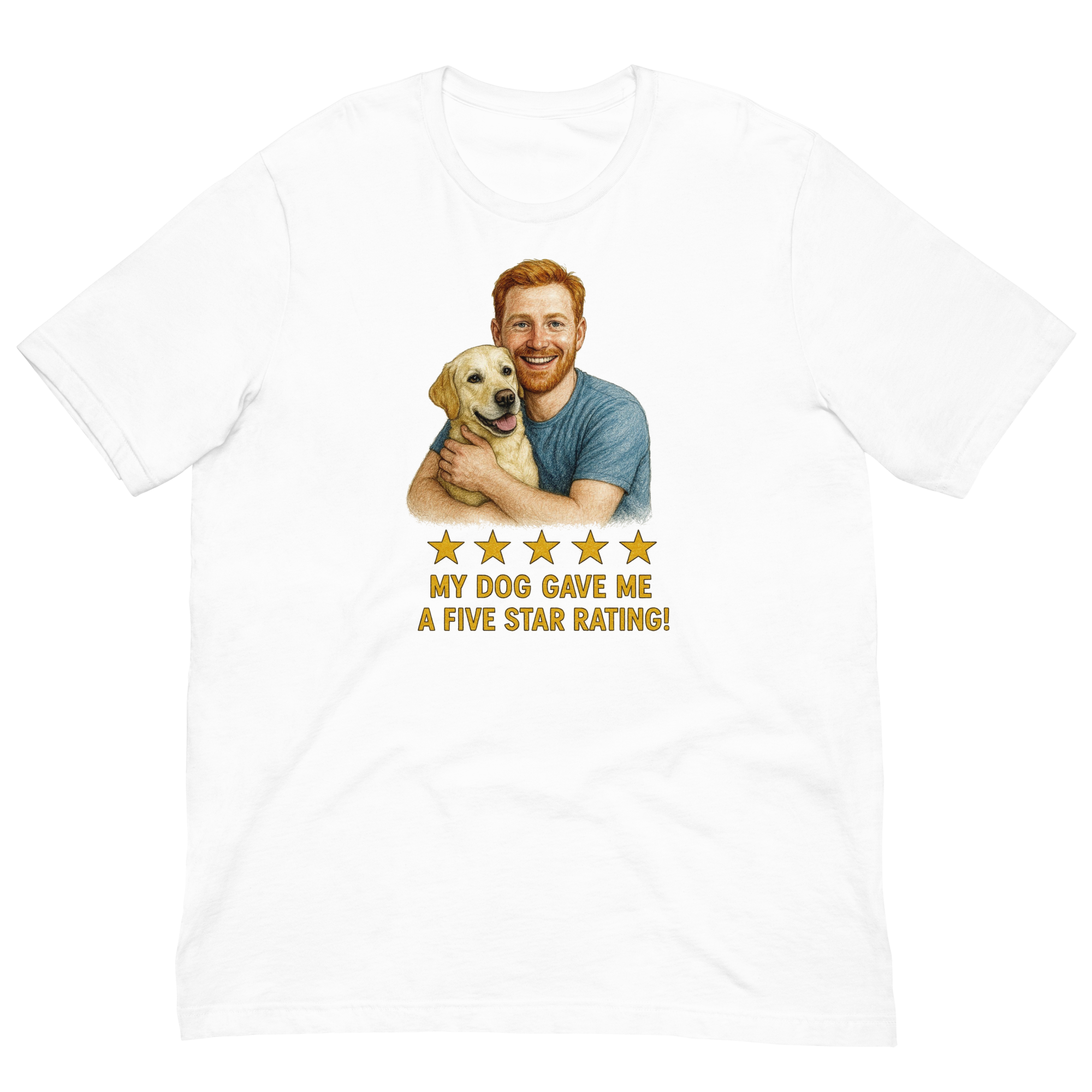 Red Hair Man with Yellow Labrador graphic tee.