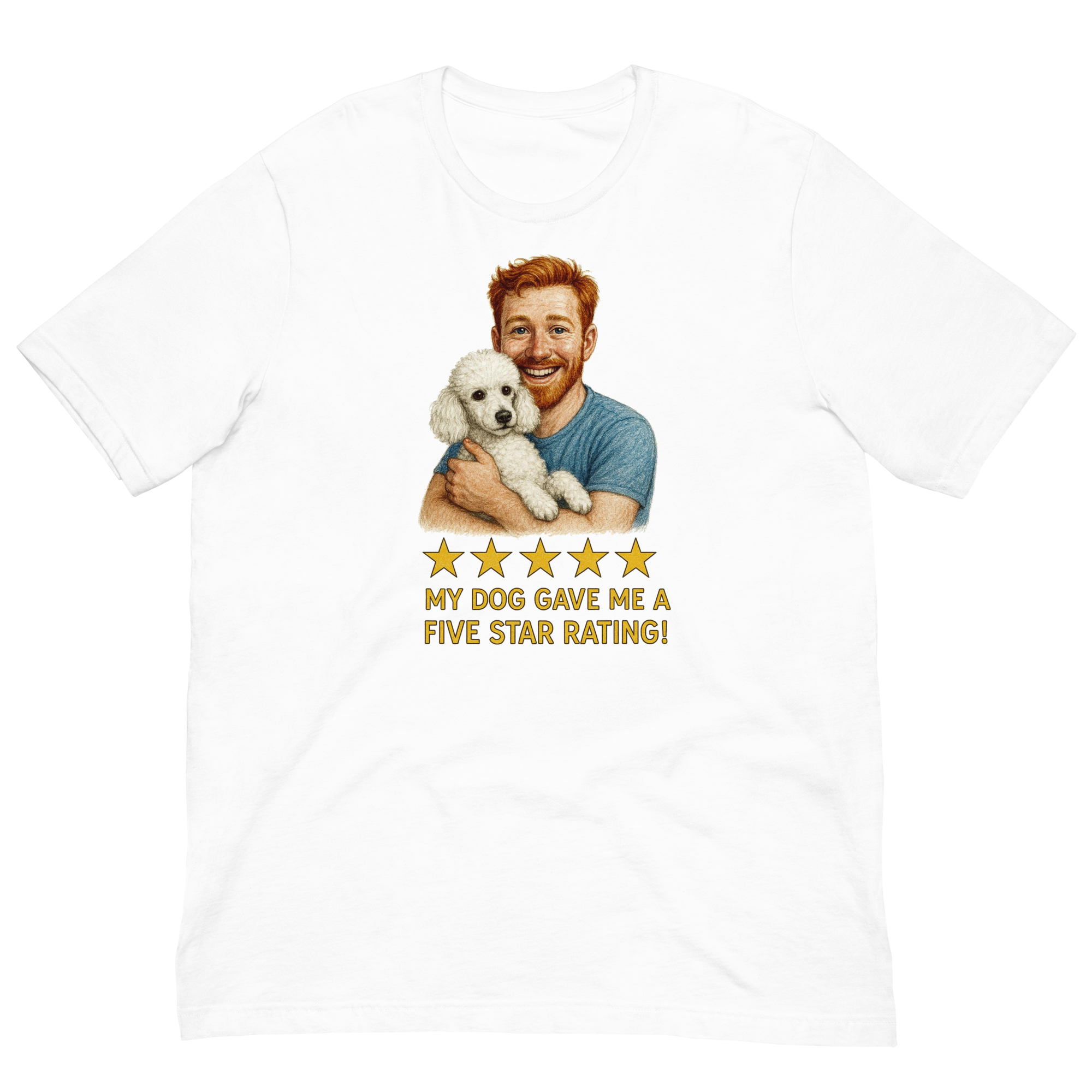 Red Hair Man with White Poodle graphic tee.