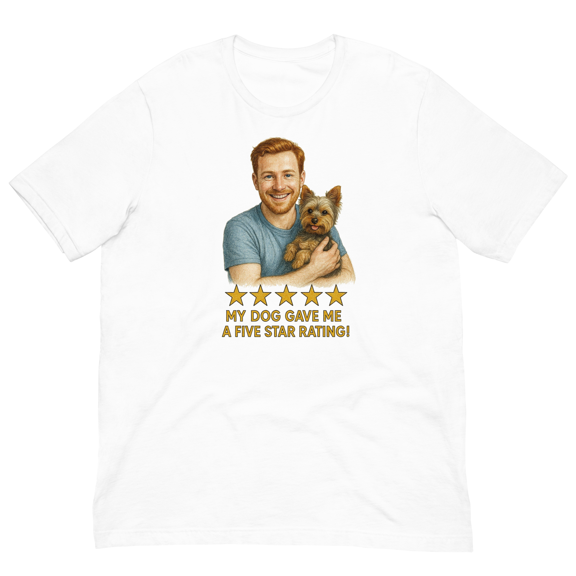 Red Hair Man with Yorkie graphic tee.