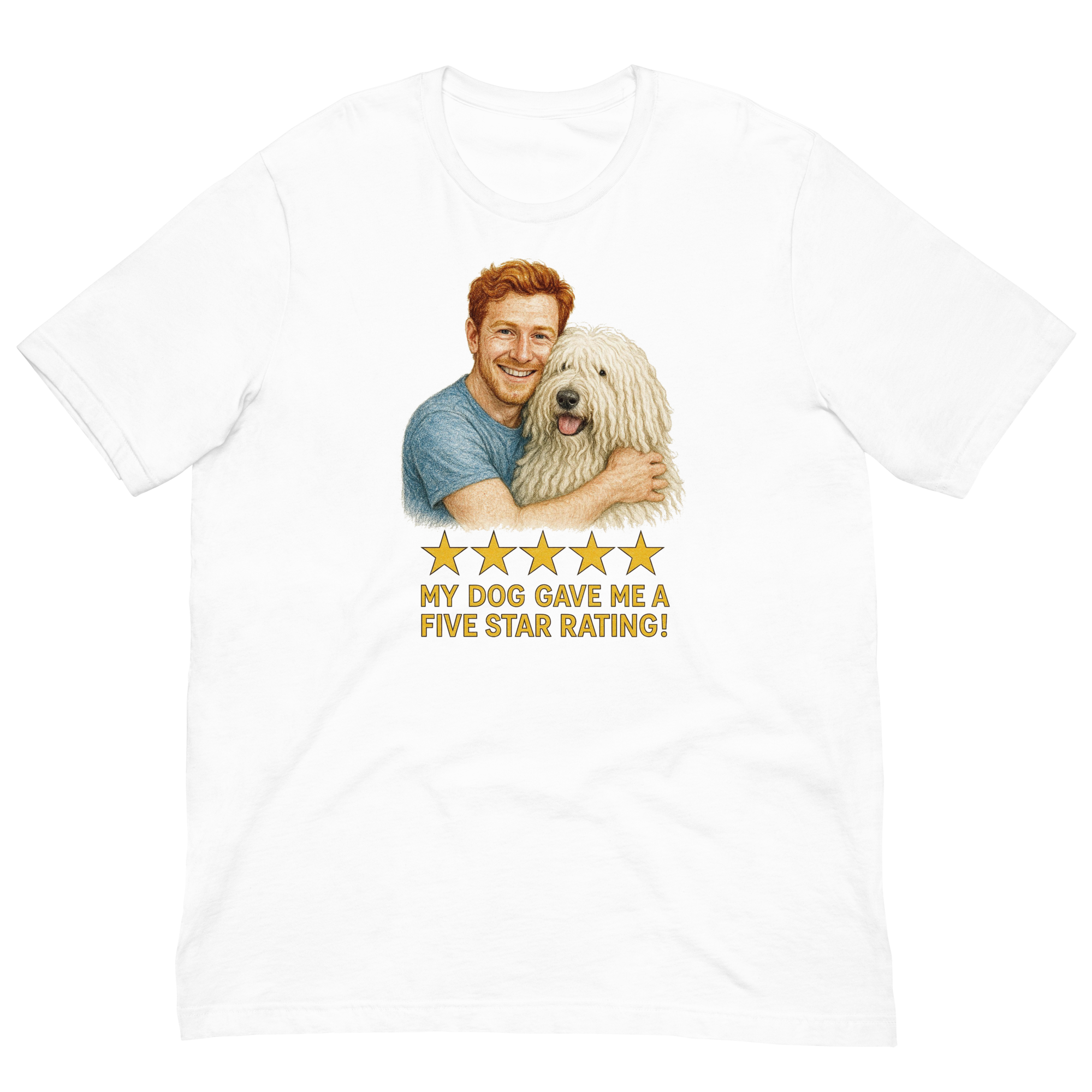 Red Hair Man with Komondor graphic tee.
