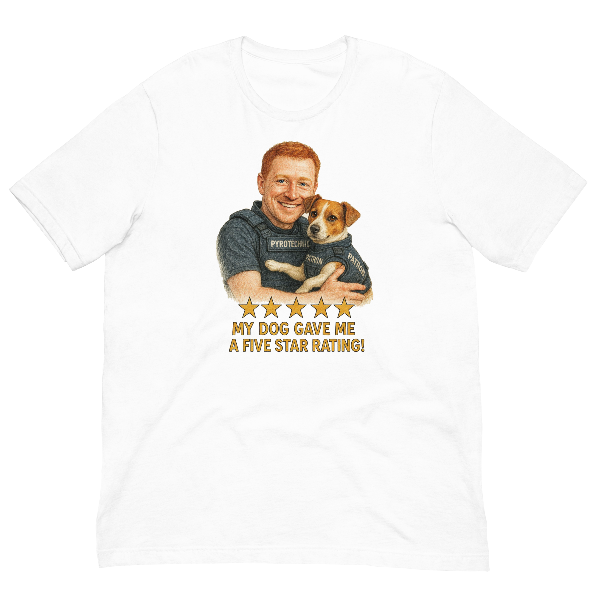 Red Hair Man with Patron graphic tee.