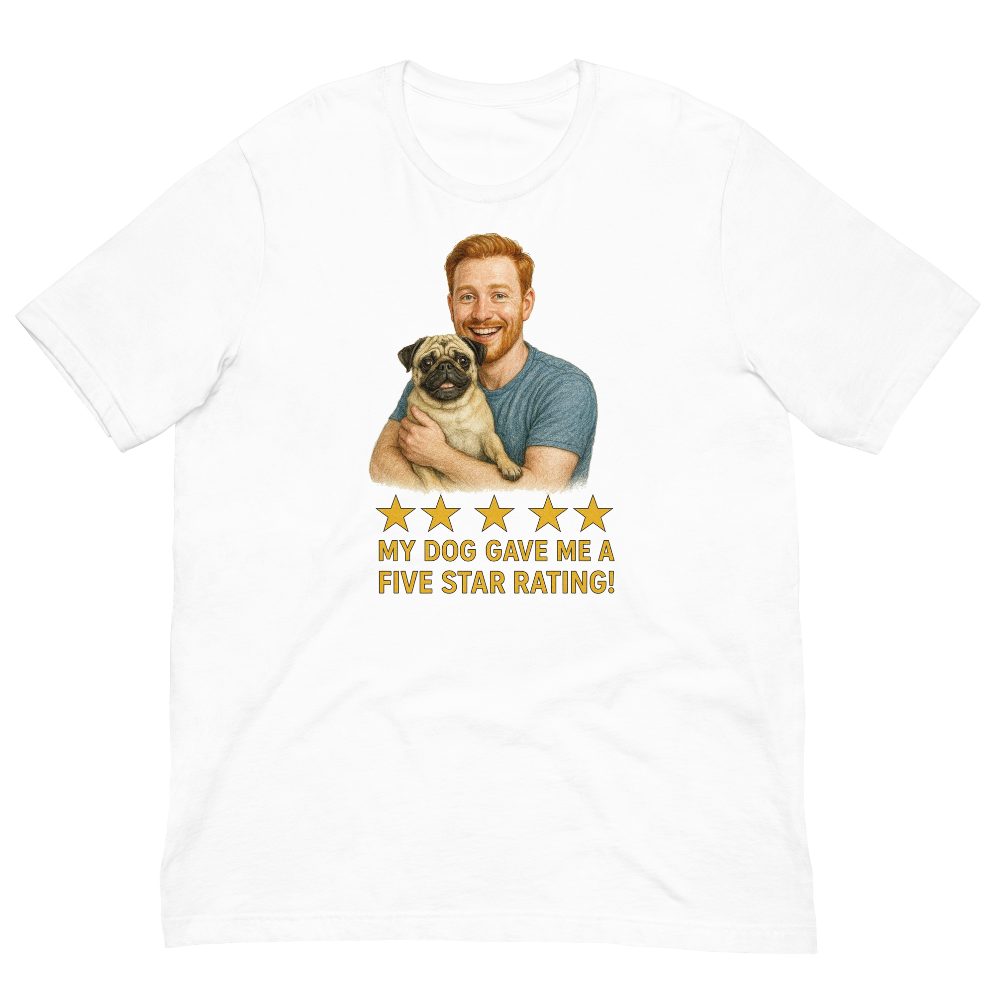 Red Hair Man with Pug graphic tee.