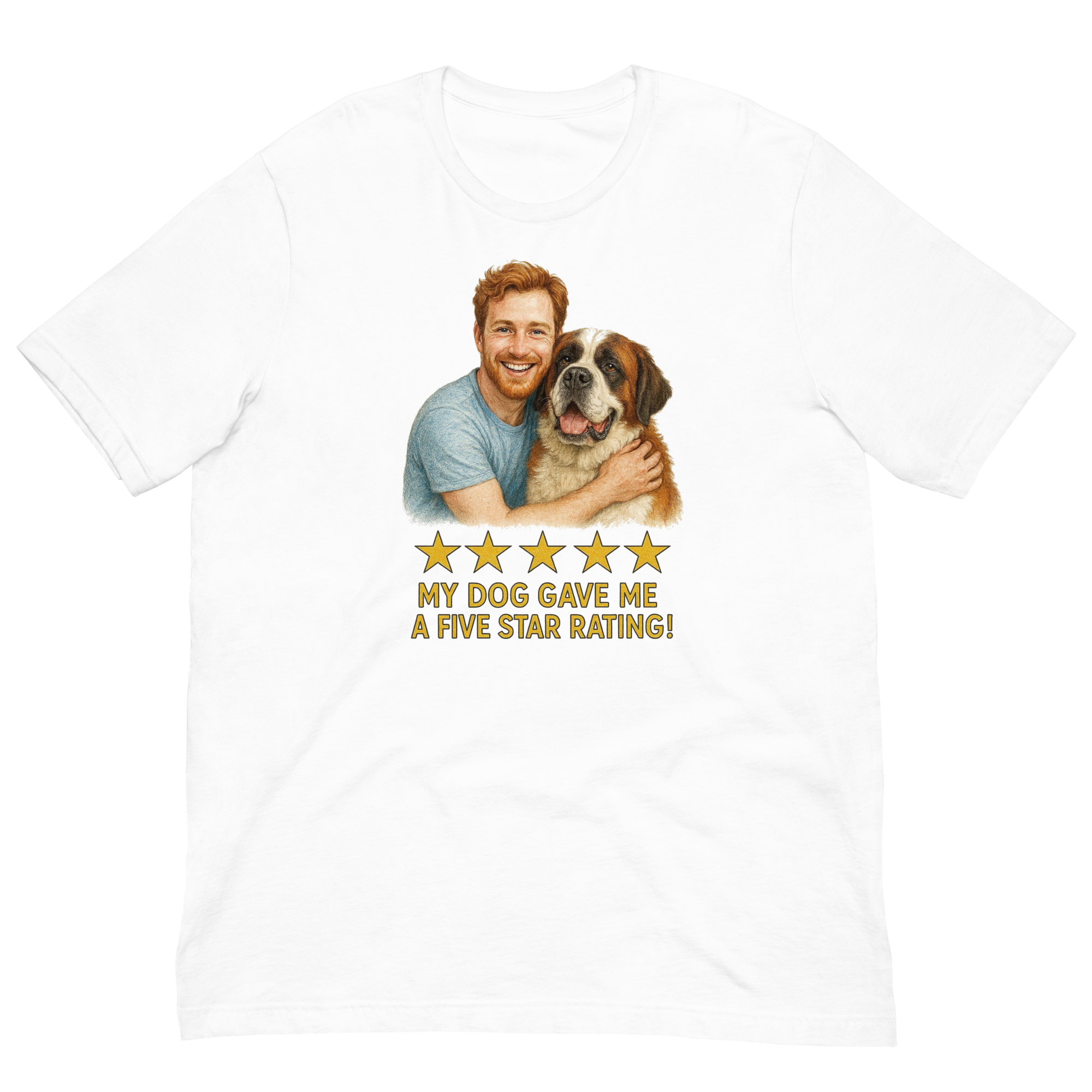 Red Hair Man with Saint Bernard graphic tee.