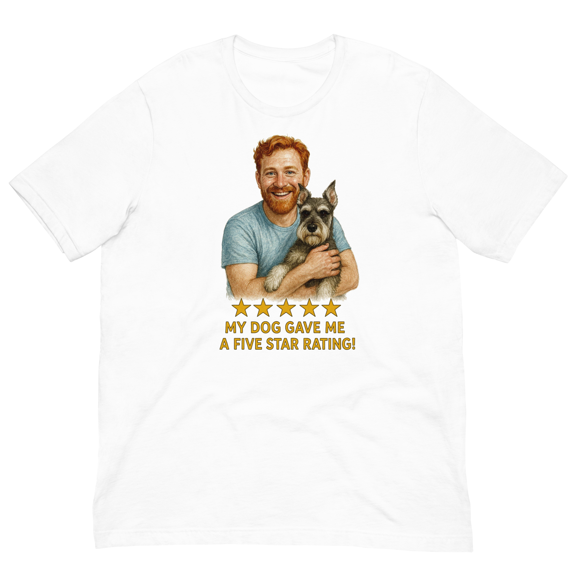 Red Hair Man with Schnauzer graphic tee.