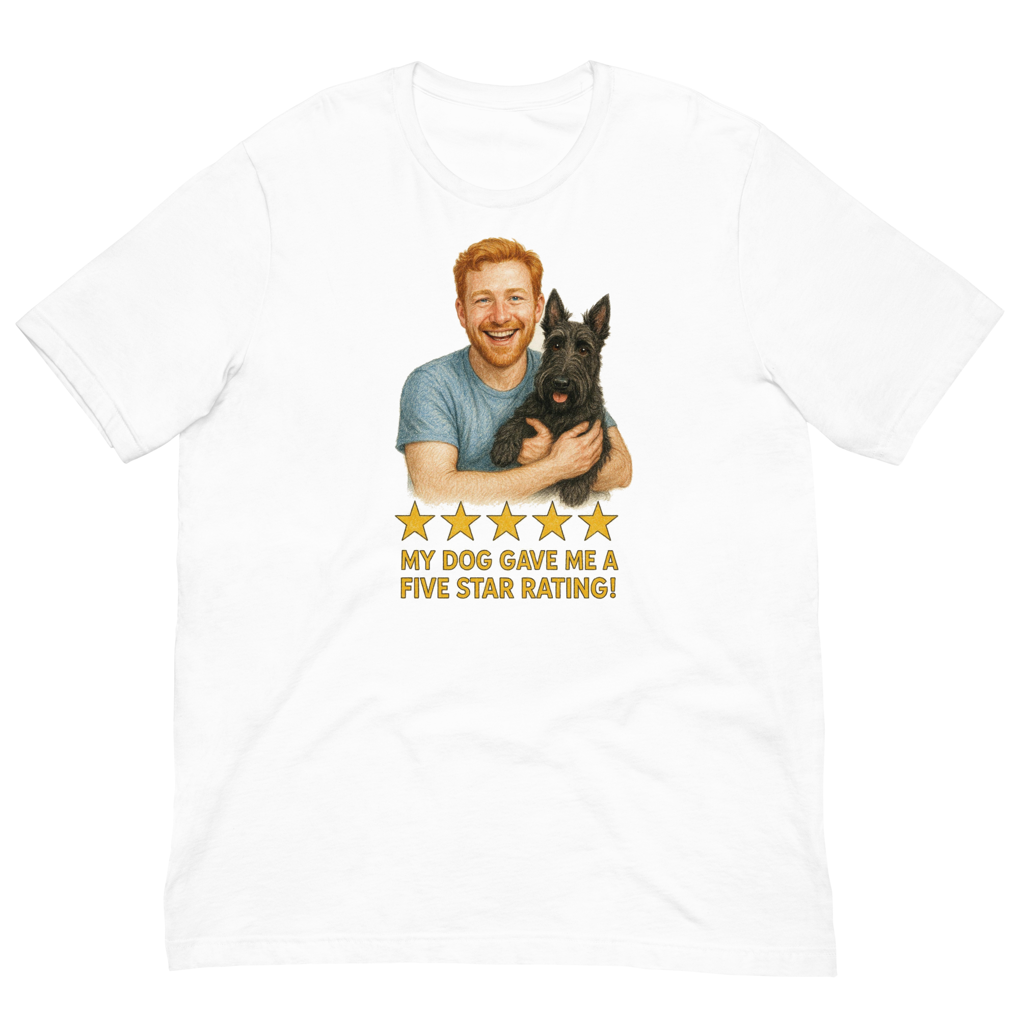 Red Hair Man with Scottie graphic tee.