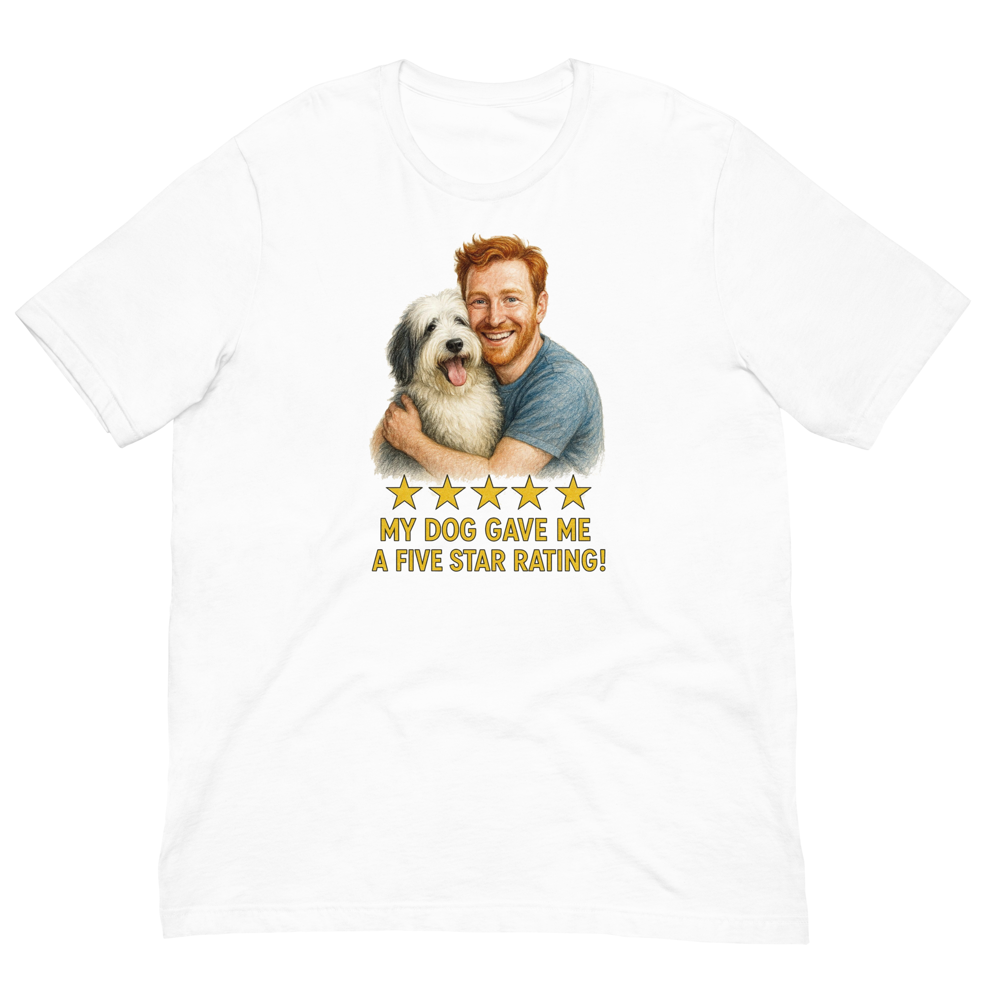 Red Hair Man with Sheepdog graphic tee.